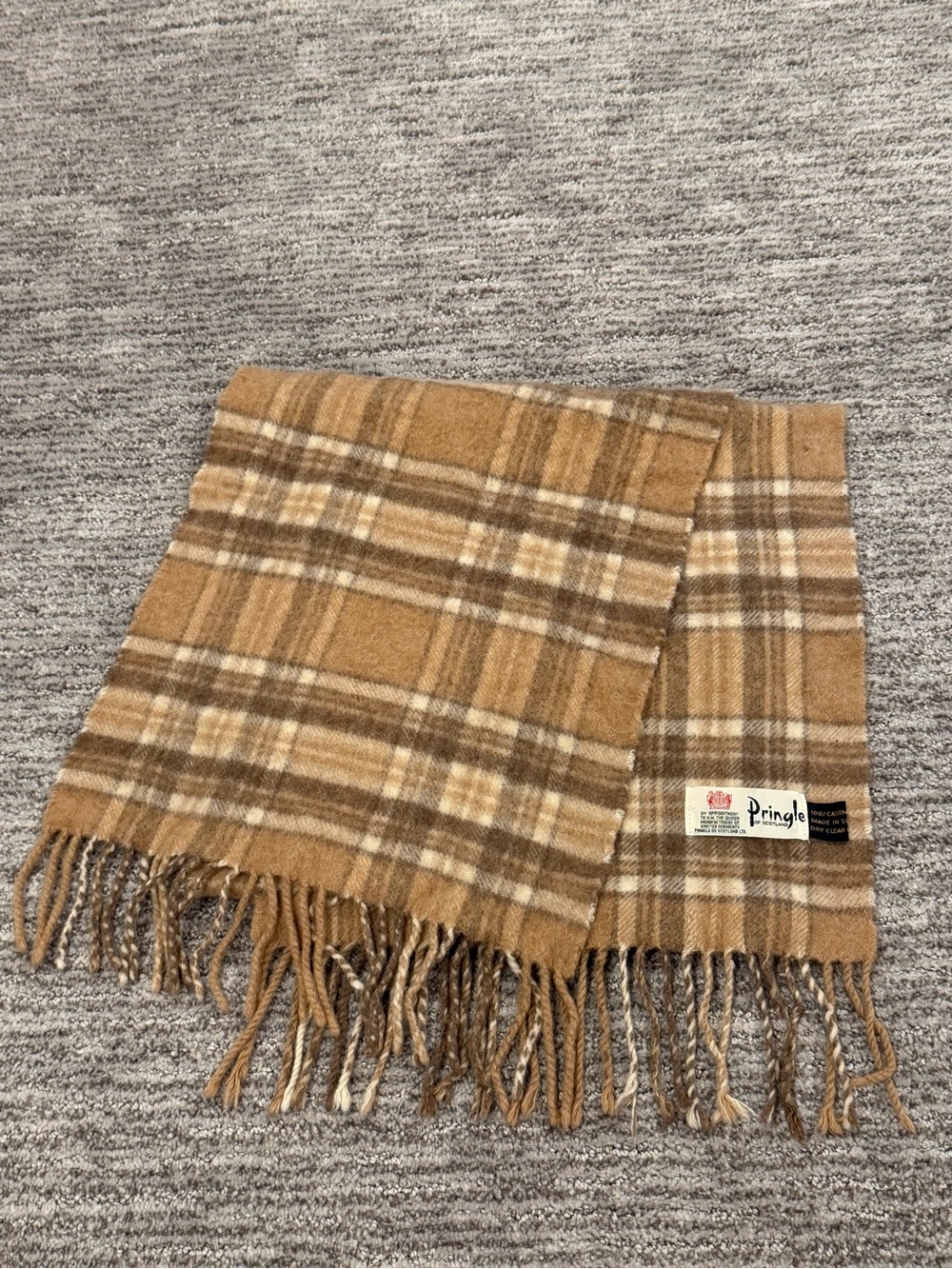 Vintage Pringle of Scotland 100% Cashmere Scarf Camel Brown Plaid Tartan